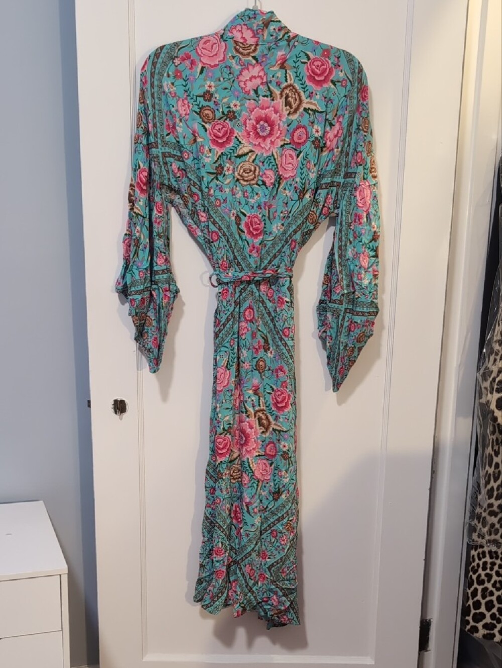 Spell Og Babushka Kimono Turquoise Floral Robe with Pink Rose and Bird Print - Picture 3 of 7